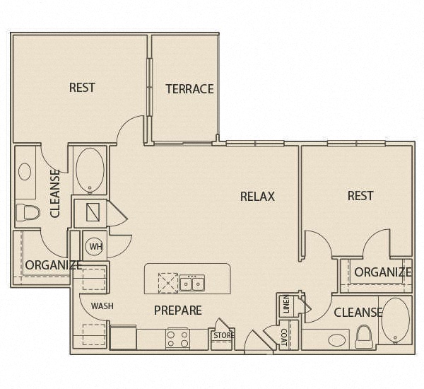 Floor plan for 2 beds, 2 baths, 1133 sqft